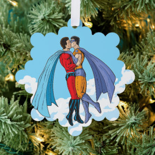 Slipperyjoes zwei Superhelden küssen Charaktere f Ornament Karte