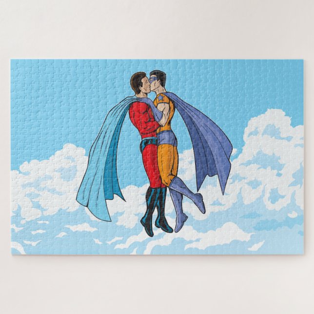 SlipperyJoe's zwei Superhelden küssen Flugwagen (Horizontal)