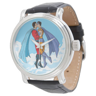 SlipperyJoe's zwei Superhelden küssen Flugwagen Armbanduhr