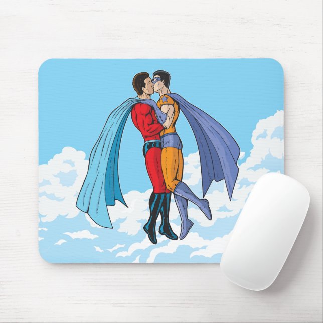 SlipperyJoe's zwei Superhelden küssen Flugwagen Mousepad (Mit Mouse)
