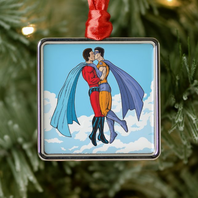 SlipperyJoe's zwei Superhelden küssen Flugwagen Ornament Aus Metall (Baum)