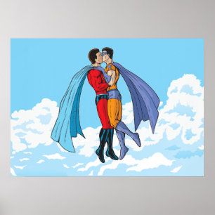 SlipperyJoe's zwei Superhelden küssen Flugwagen Poster