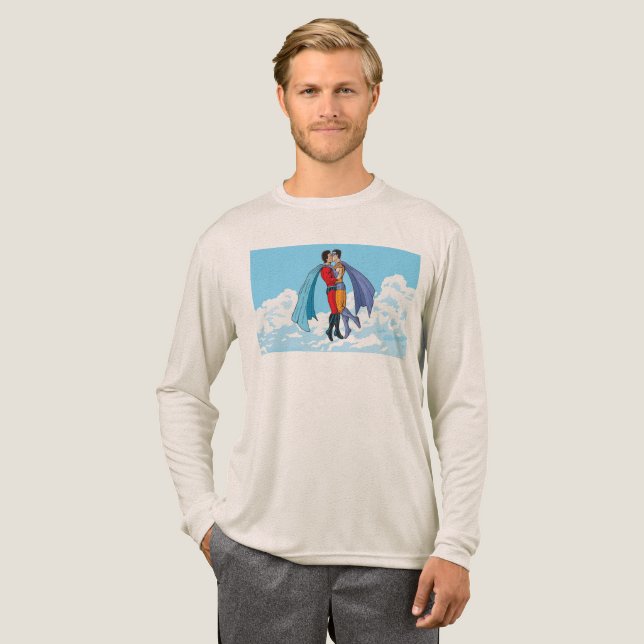 SlipperyJoe's zwei Superhelden küssen Flugwagen Tri-Blend Shirt (Volle Vorderseite)