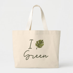 Slogan Ich liebe Grün, in grün mit grünem Blatt Jumbo Stoffbeutel