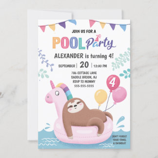 Sloth and Unicorn Summer Pool Party Geburtstag Einladung