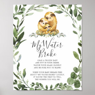 Sloth Animals Baby Dusche mein Wasser Broke Schild