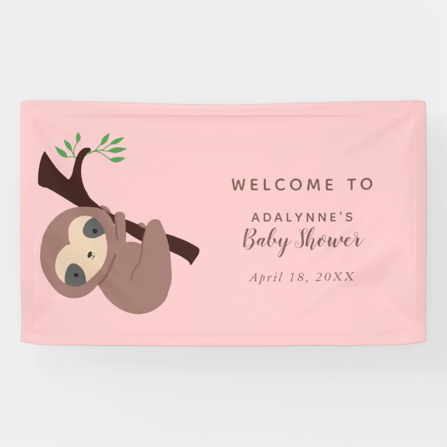 Sloth Baby Dusche Pink Willkommen Niedliches Jungl Banner (Horizontal)