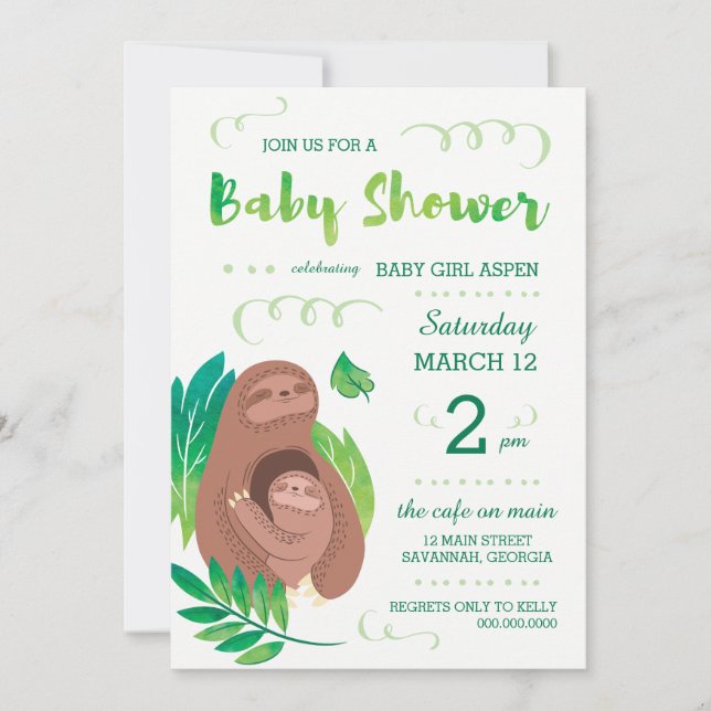 Sloth Baby Dusche Regenwald Dschungel Thema Einladung (Vorderseite)