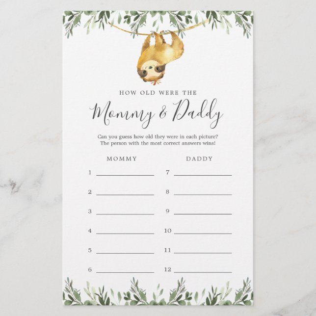 Sloth Baby Dusche wie alt waren sie Spielkarte (Vorderseite)