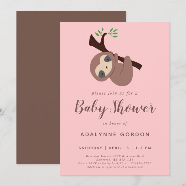 Sloth Baby Duwer Girl Pink Brown Modern Simple Einladung (Vorne/Hinten)