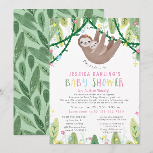 Sloth Baby Girl Virtual Duwer Jungle Thema Einladung (Vorne/Hinten)