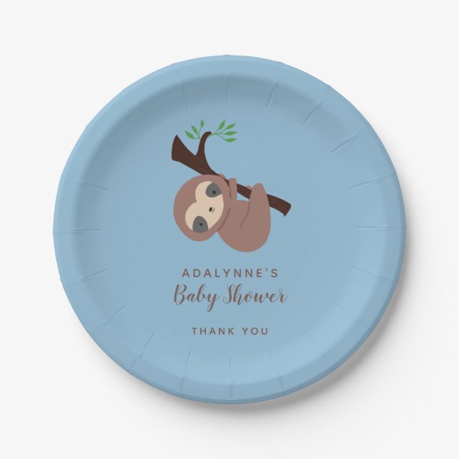 Sloth Baby Shower Boy Blue Brown Script Niedlich Pappteller (Vorderseite)