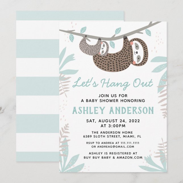 Sloth Baby Shower Einladung (Vorne/Hinten)