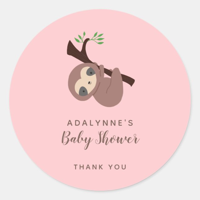 Sloth Baby Shower Girl Pink Brown Script Niedlich Runder Aufkleber (Vorderseite)