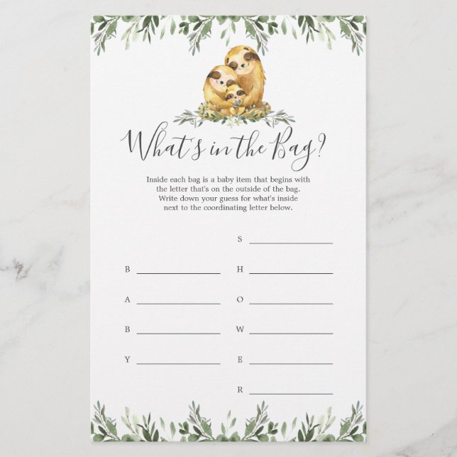 Sloth Baby Shower Guess Was ist im Bag Game? (Vorderseite)