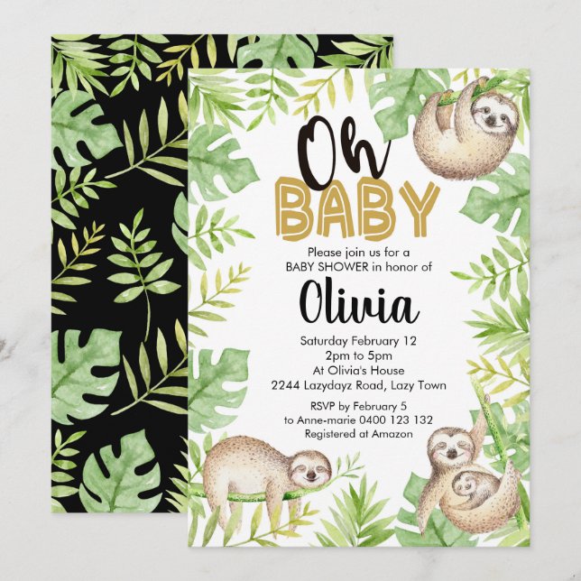Sloth Baby shower Invitation Baby Sloth (Devant / Derrière)