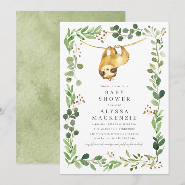 Sloth Baby Shower Invitation Einladung (Vorne/Hinten)