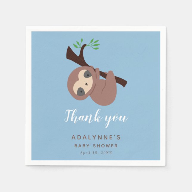 Sloth Baby Shower Jungle Script Niedlich Boy Blue Serviette (Vorderseite)