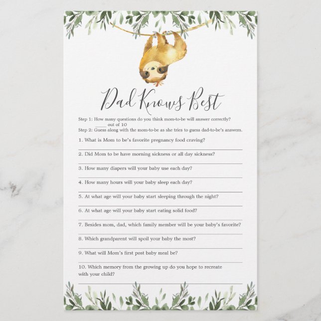Sloth Baby Shower Vater kennt das beste Spiel (Vorderseite)