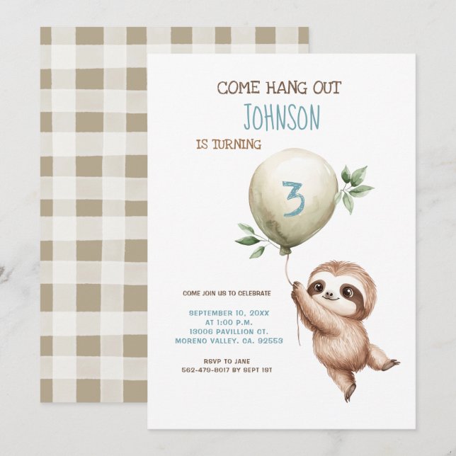 Sloth Birthday Come Hang Out 1st Birthday Einladung (Vorne/Hinten)