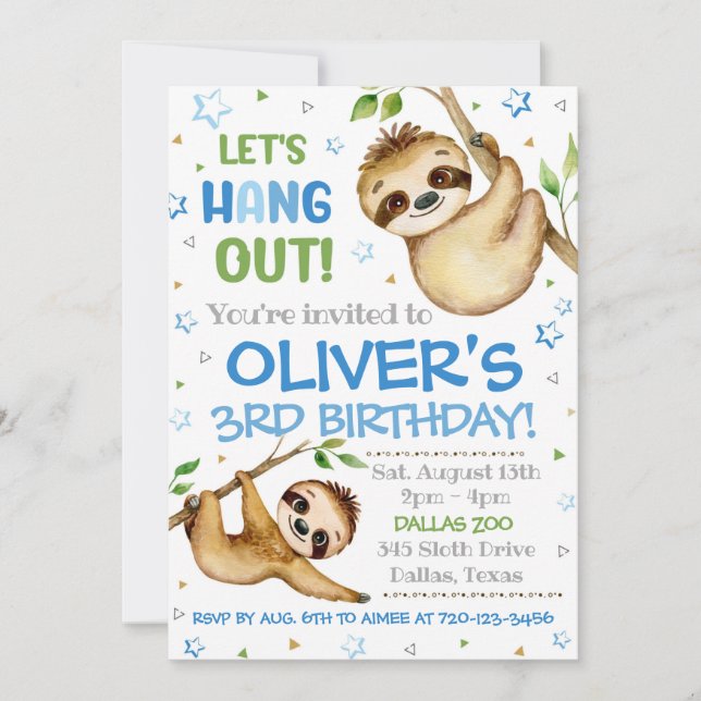 Sloth Birthday Invitation | Sloth Invitation (Devant)