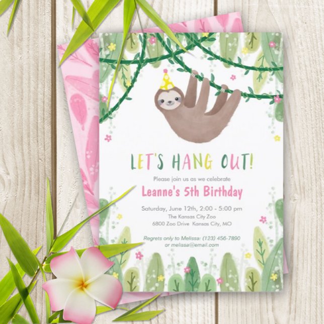 Sloth Birthday Party in Pink & Gelb Einladung (Super fun sloth birthday invitation)