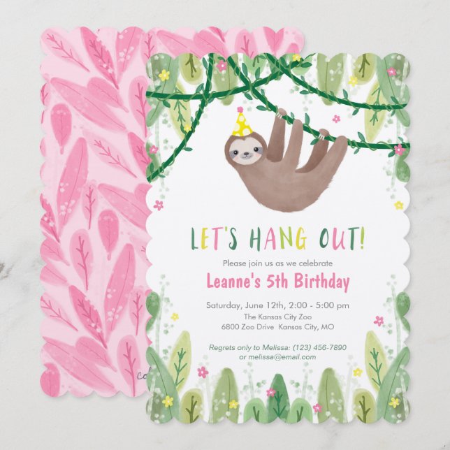 Sloth Birthday Party in Pink & Gelb Einladung (Vorne/Hinten)