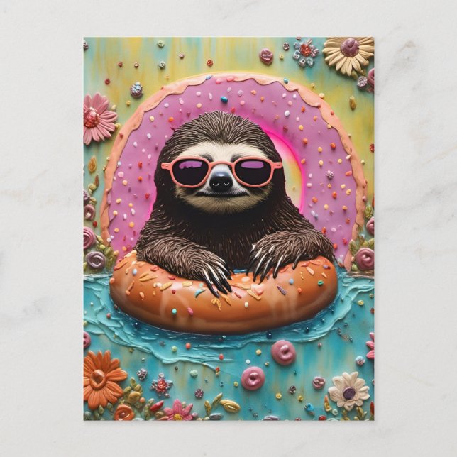 Sloth Chilling in einem Floating Donut Funny Colla Postkarte (Vorderseite)