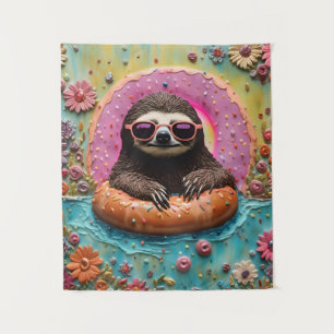 Sloth Chilling in einem Floating Donut Funny Colla Wandteppich