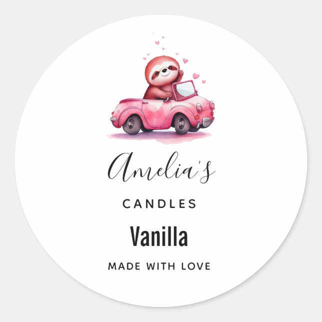 Sloth Driving a Pink Convertible Candle Business Runder Aufkleber (Vorderseite)