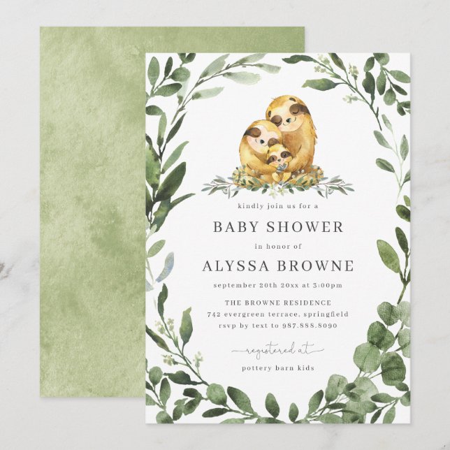 Sloth Family Baby Dusche Einladung (Vorne/Hinten)