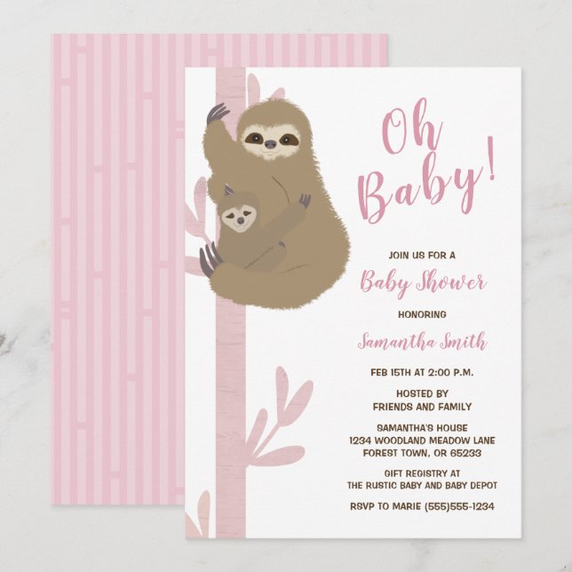 Sloth Girl Baby Shower Einladung (Vorne/Hinten)