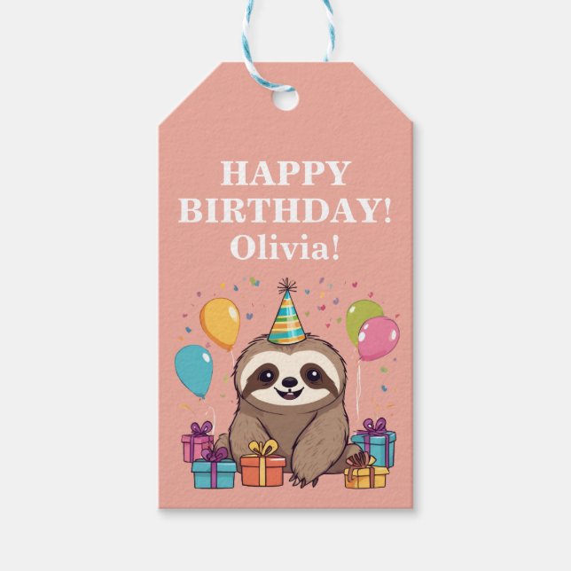 Sloth Girl Happy Birthday Pink Personalisiert Geschenkanhänger (Vorderseite)