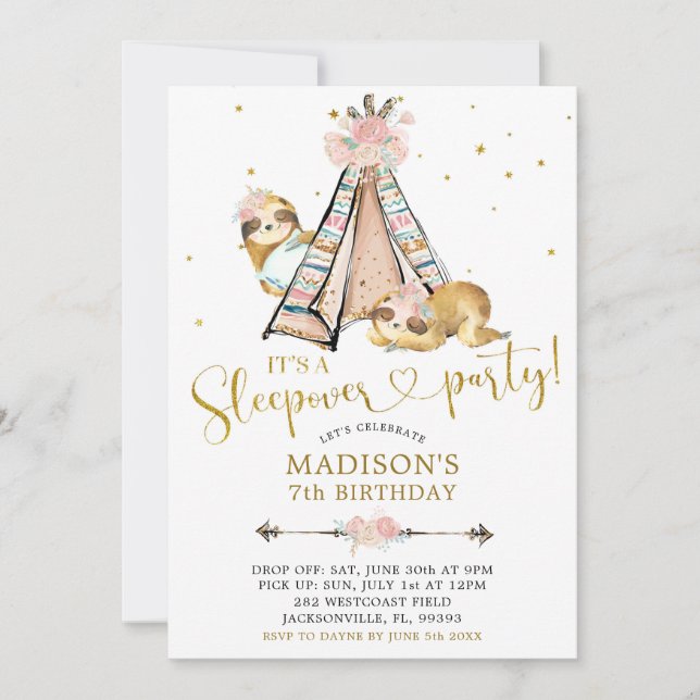 Sloth Girl Teepee Floral Sleepover Party Einladung (Vorderseite)