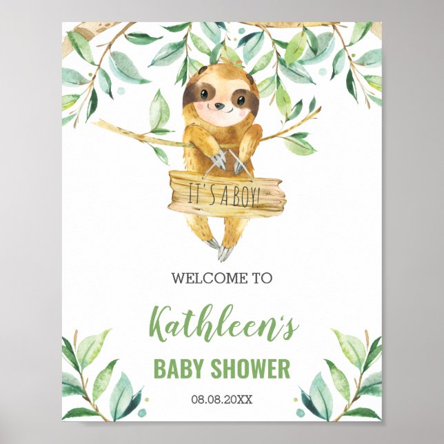 Sloth Green Boy Baby shower Affiche de bienvenue (Devant)