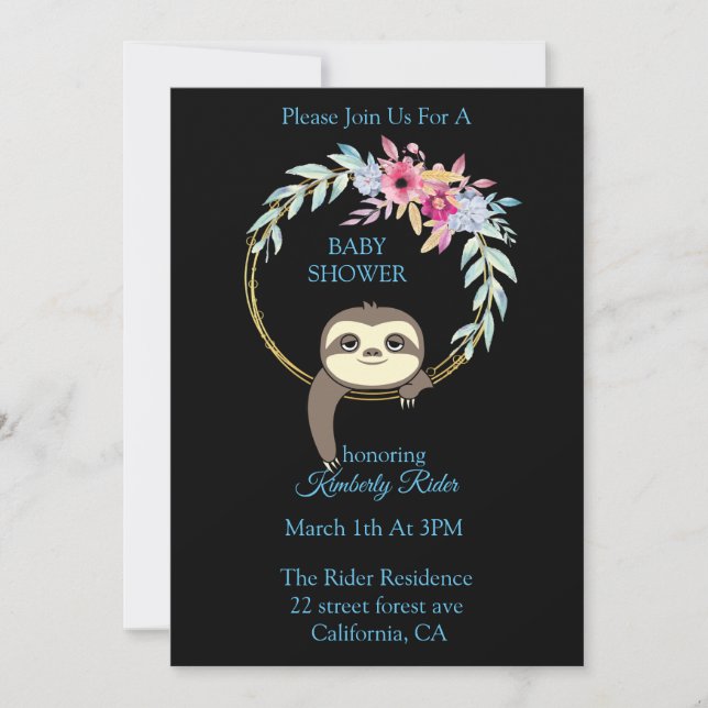 Sloth Hanging Wreath Blume Baby Shower Einladung (Vorderseite)