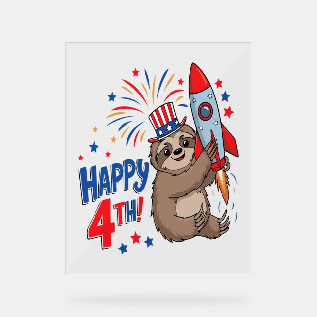 Sloth Happy 4th Rocket Fireworks USA Acrylschild (Vorderseite)