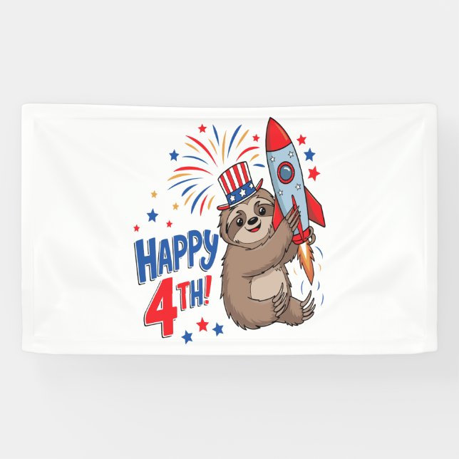Sloth Happy 4th Rocket Fireworks USA Banner (Horizontal)