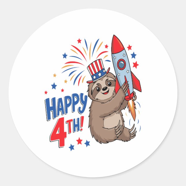 Sloth Happy 4th Rocket Fireworks USA Runder Aufkleber (Vorderseite)