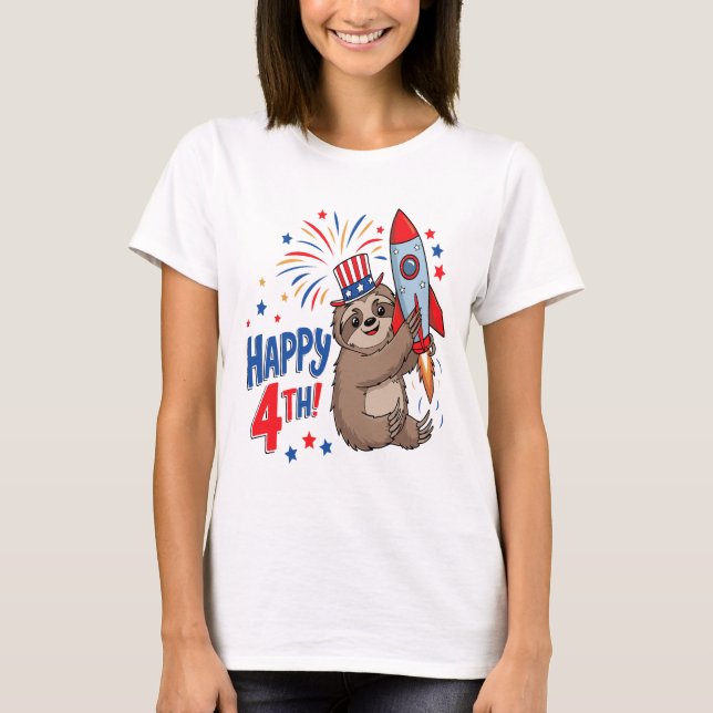 Sloth Happy 4th Rocket Fireworks USA T-Shirt (Vorderseite)