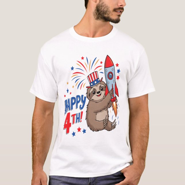 Sloth Happy 4th Rocket Fireworks USA T-Shirt (Vorderseite)