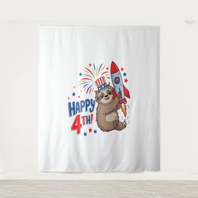Sloth Happy 4th Rocket Fireworks USA Wandteppich (Vorderseite)