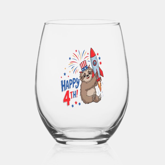 Sloth Happy 4th Rocket Fireworks USA Weinglas Ohne Stiel (Vorderseite)