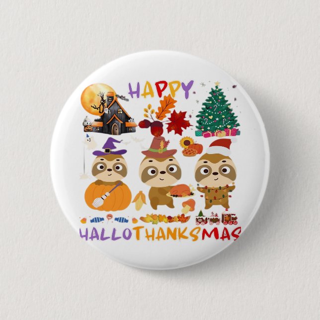 Sloth Happy Hallothanksmas Funny Halloween Thanksg Button (Vorderseite)