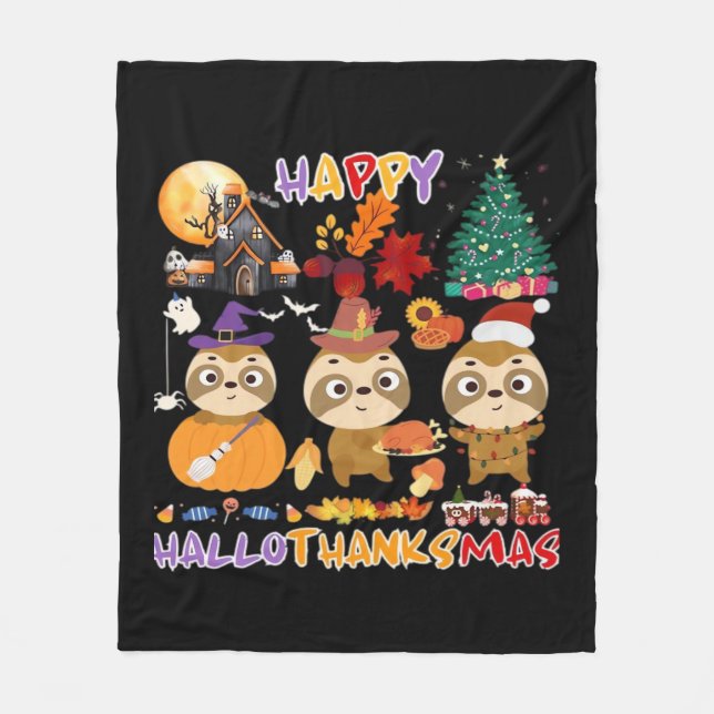 Sloth Happy Hallothanksmas Funny Halloween Thanksg Fleecedecke (Vorderseite)