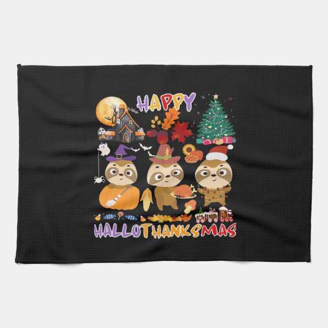 Sloth Happy Hallothanksmas Funny Halloween Thanksg Geschirrtuch (Horizontal)