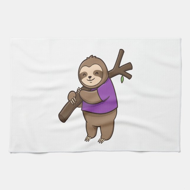 Sloth Hugging Tree Branch Wearing Purple Geschirrtuch (Horizontal)