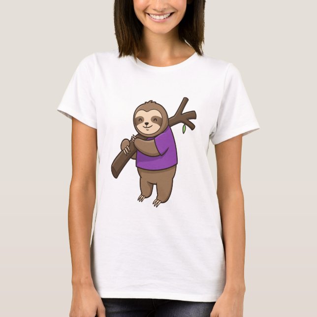Sloth Hugging Tree Branch Wearing Purple T-Shirt (Vorderseite)