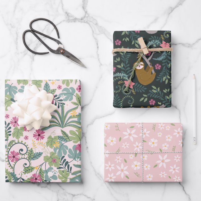 Sloth Liebe Jungle Blume Geschenkpapier Set (Vorderseite)