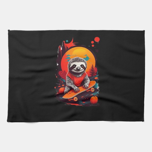 Sloth mit Skateboard auf halloween Classic T Geschirrtuch (Horizontal)